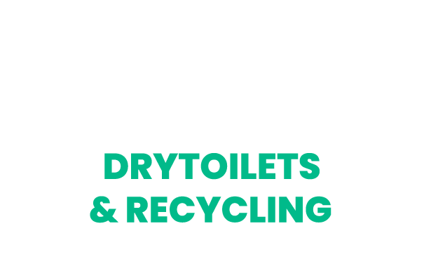 Weißer Finizio Schriftzug mit grüner Unterschrift Drytoilets & Recycling