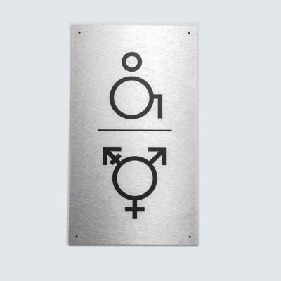 Rechteckiges Metallschild mit schwarzen Symbolen für barrierefreie und geschlechtsneutrale Toilette.