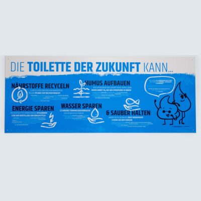Altes Design: Rechteckiges blaues Informationsschild mit Text „Die Toilette der Zukunft kann…“ und Icons zu Recycling, Humusaufbau, Energie- und Wassersparen sowie sauber halten.