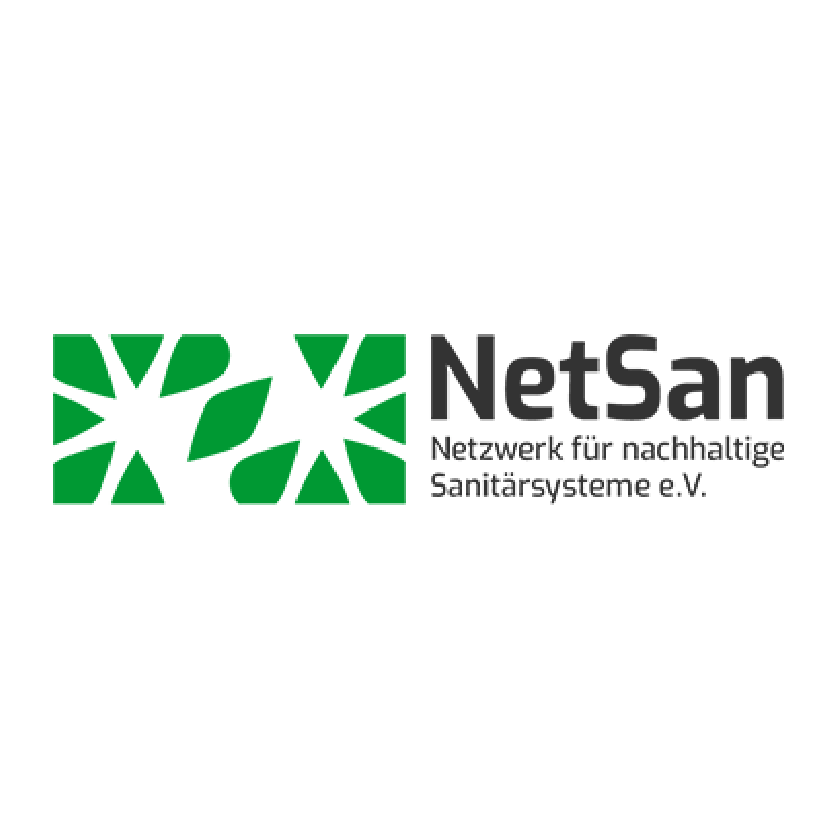 Logo von NetSan Netzwerk für nachhaltige Sanitärsysteme e.V. mit grünem grafischem Muster und schwarzer Schrift