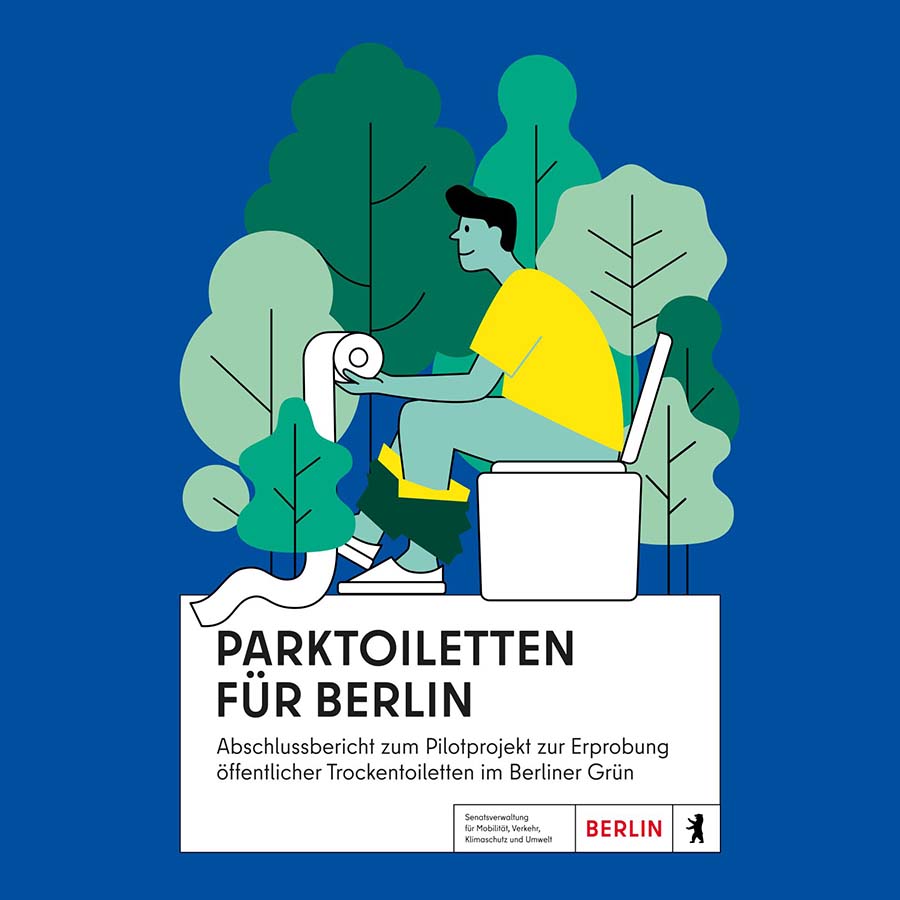 parktoiletten-fuer-berlin-titelbild- Das Titelbild des Berliner Parktoilettenberichts. Teigt eine gezeichnete Person, die auf einer Toilette umgeben von Bäumen sitzt.