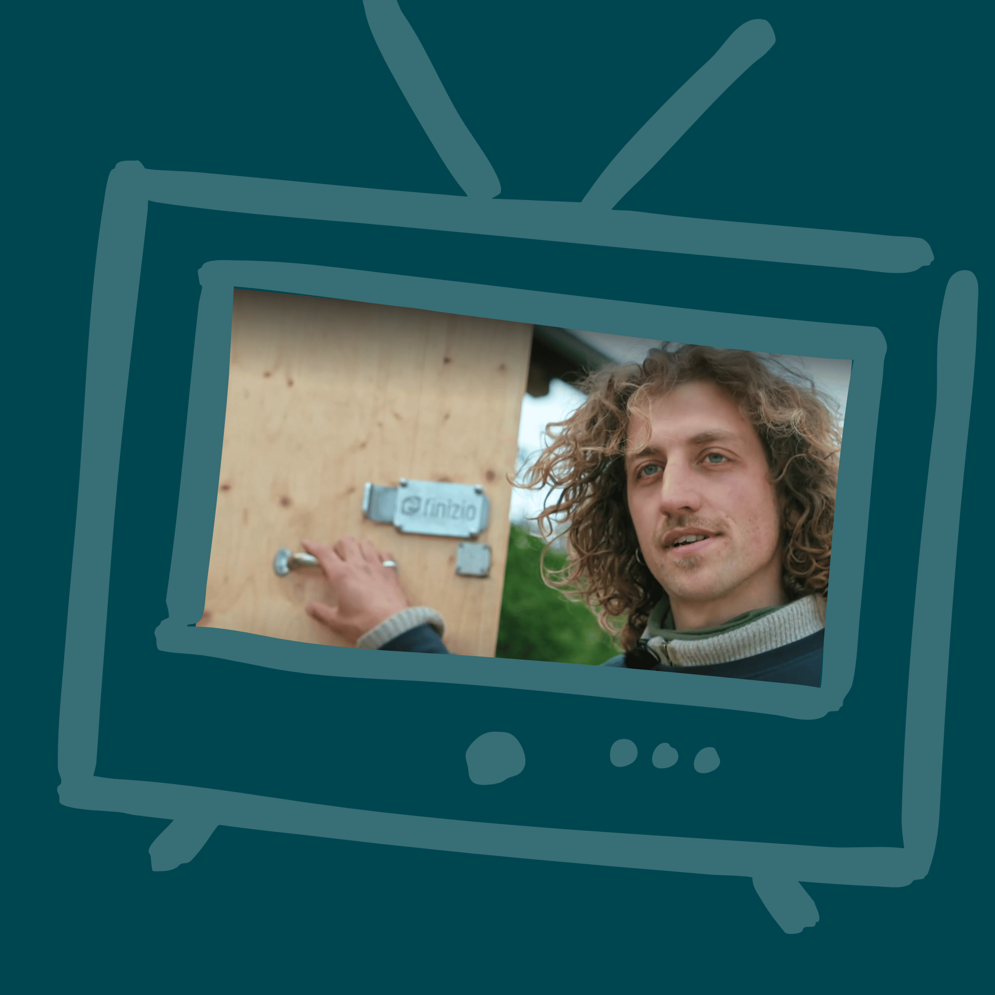 Finizio_Sendung_Bayern Grafik eines Fernsehers, in dem ein Mann von vorn zu sehen ist, der eine Holztür aufhält.